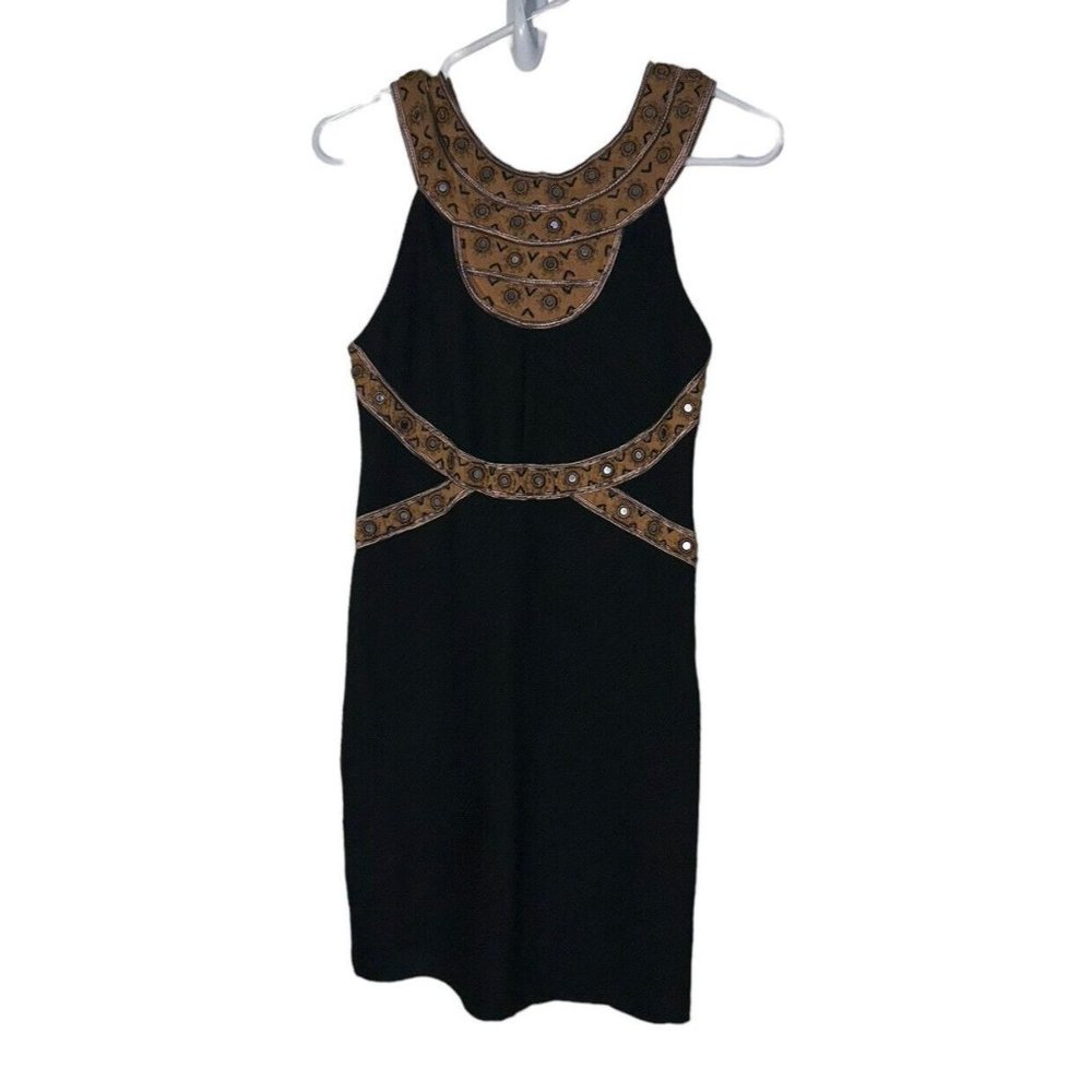 Free People Nefertiti Ribbed Mini Bodycon Dress Black Tan Embroidered Size XS